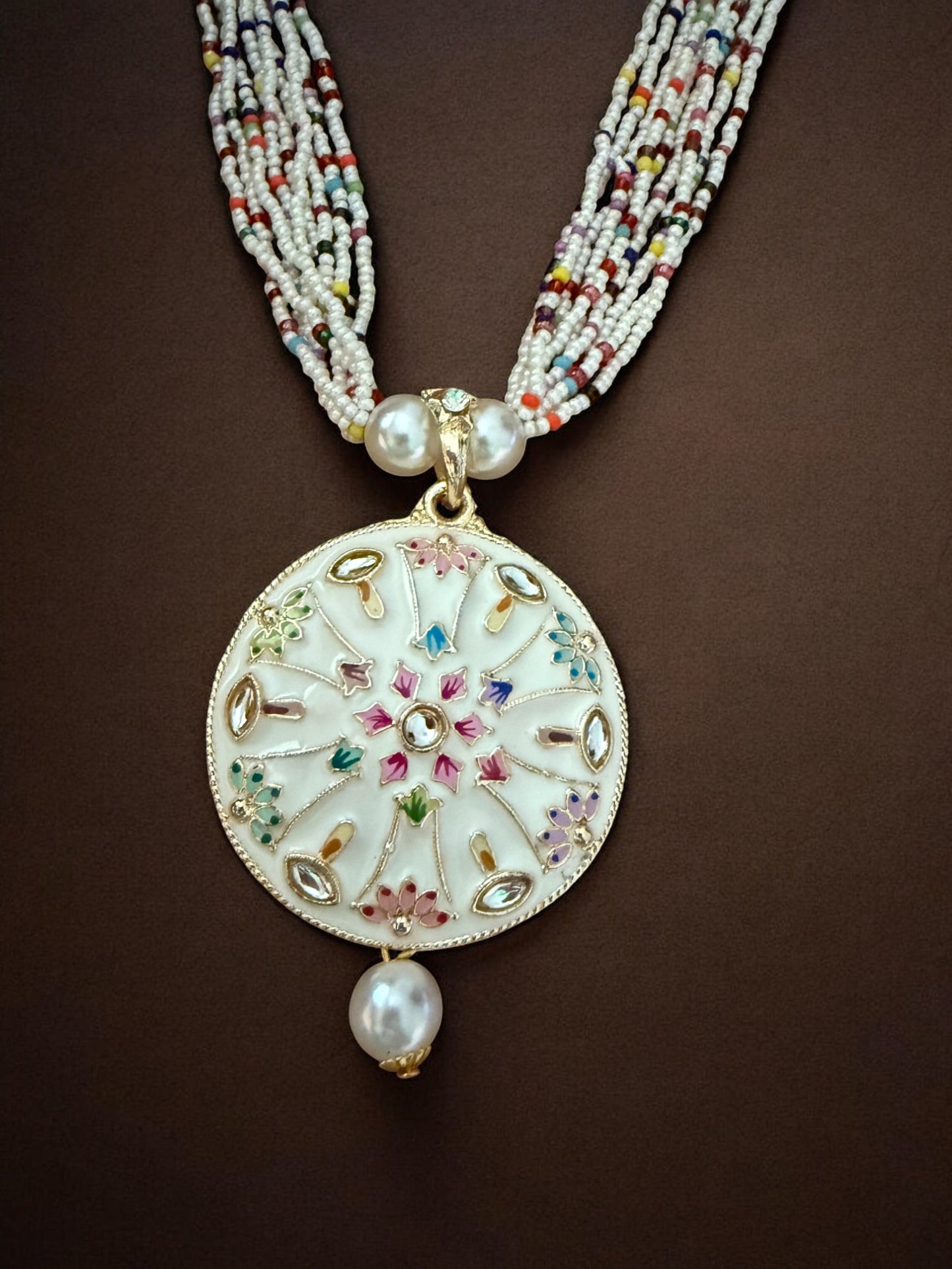White Enameled Multicolor Beaded Necklace with Mandala Pendant and Pearl Drop Earrings