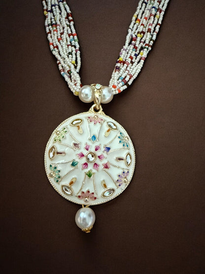 White Enameled Multicolor Beaded Necklace with Mandala Pendant and Pearl Drop Earrings