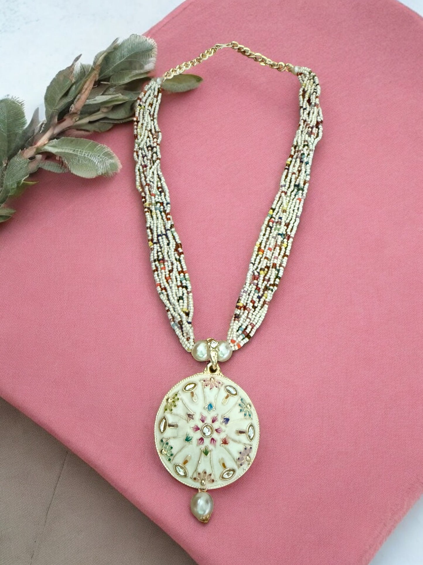 White Enameled Multicolor Beaded Necklace with Mandala Pendant and Pearl Drop Earrings