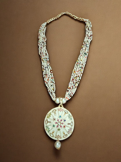 White Enameled Multicolor Beaded Necklace with Mandala Pendant and Pearl Drop Earrings