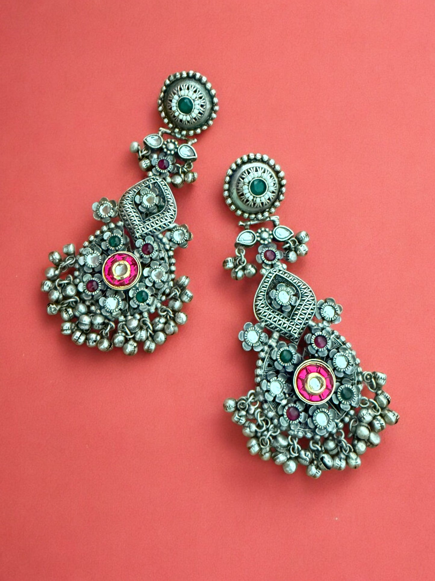Oxidized Pink Afghani Dangler Earrings with Kundan work, Inticate florals and Ghungroo Accents