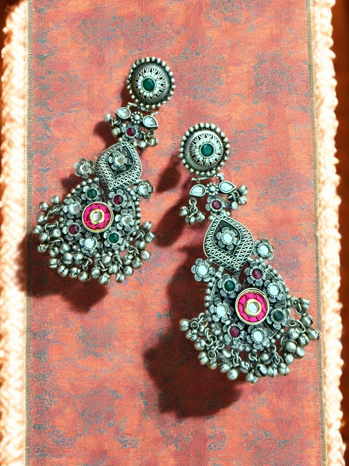 Oxidized Pink Afghani Dangler Earrings with Kundan work, Inticate florals and Ghungroo Accents