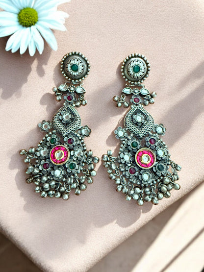 Oxidized Pink Afghani Dangler Earrings with Kundan work, Inticate florals and Ghungroo Accents