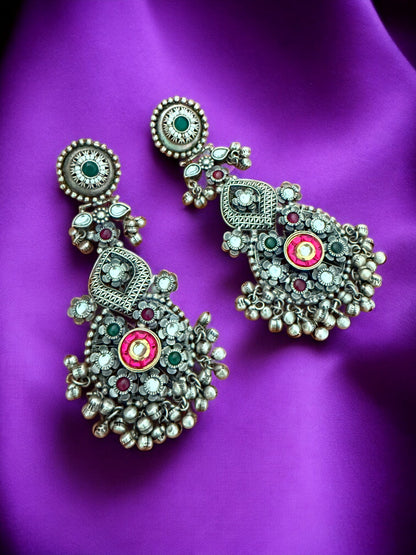 Oxidized Pink Afghani Dangler Earrings with Kundan work, Inticate florals and Ghungroo Accents