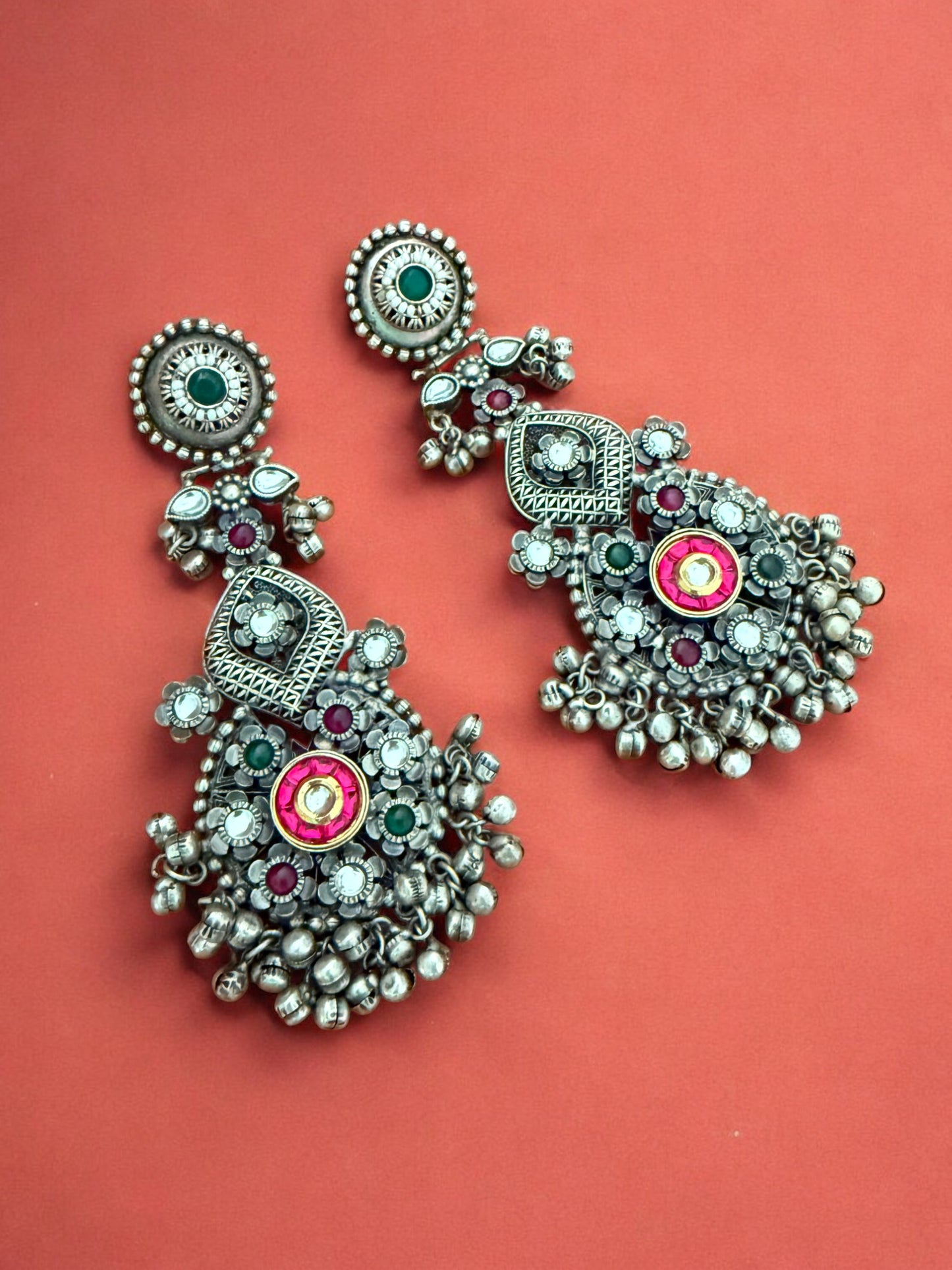Oxidized Pink Afghani Dangler Earrings with Kundan work, Inticate florals and Ghungroo Accents
