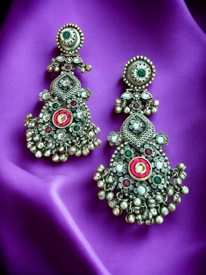 Oxidized Pink Afghani Dangler Earrings with Kundan work, Inticate florals and Ghungroo Accents