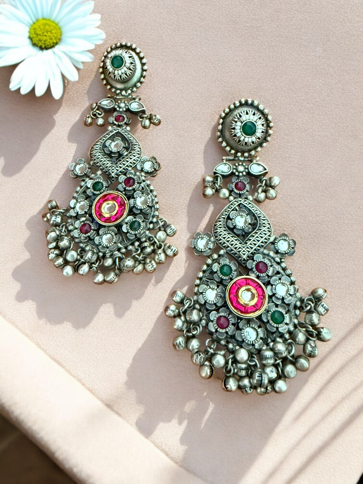Oxidized Pink Afghani Dangler Earrings with Kundan work, Inticate florals and Ghungroo Accents