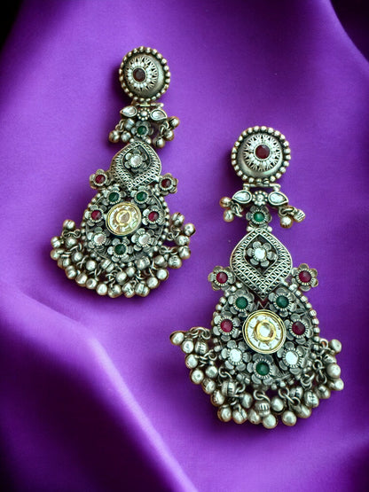 Oxidized Silver Afghani Dangler Earrings with Kundan work, Inticate florals and Ghungroo Accents