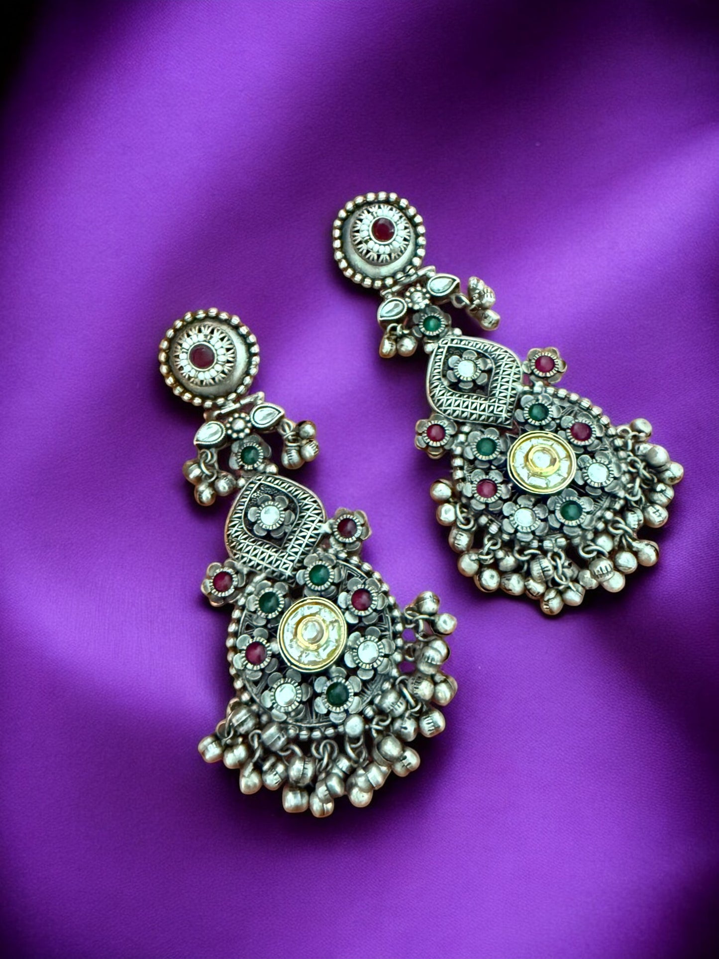 Oxidized Silver Afghani Dangler Earrings with Kundan work, Inticate florals and Ghungroo Accents