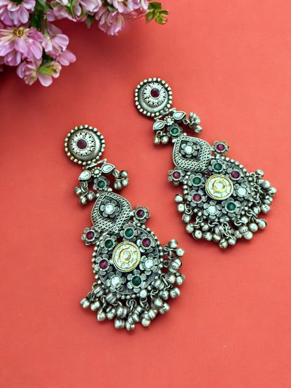 Oxidized Silver Afghani Dangler Earrings with Kundan work, Inticate florals and Ghungroo Accents