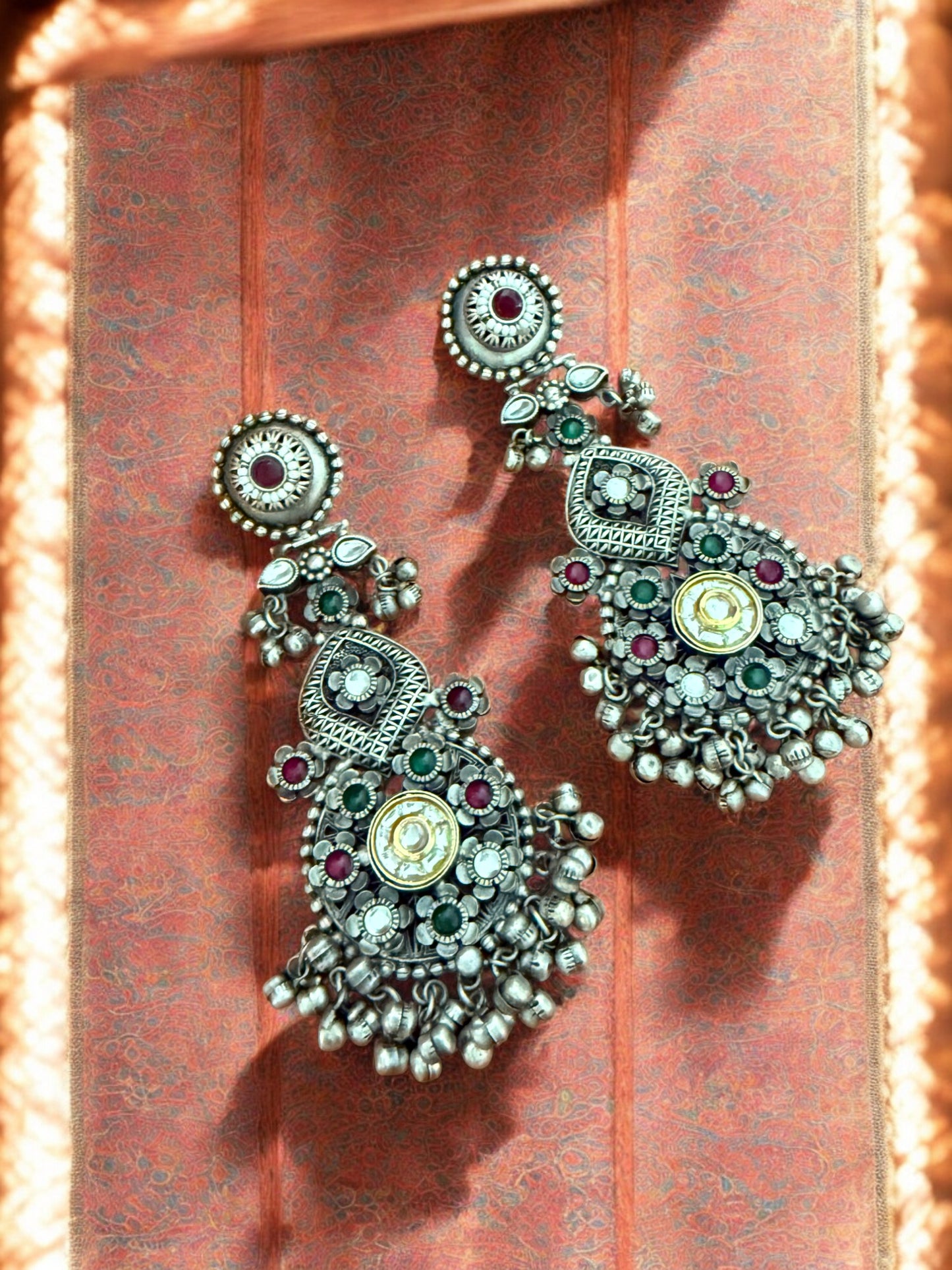 Oxidized Silver Afghani Dangler Earrings with Kundan work, Inticate florals and Ghungroo Accents