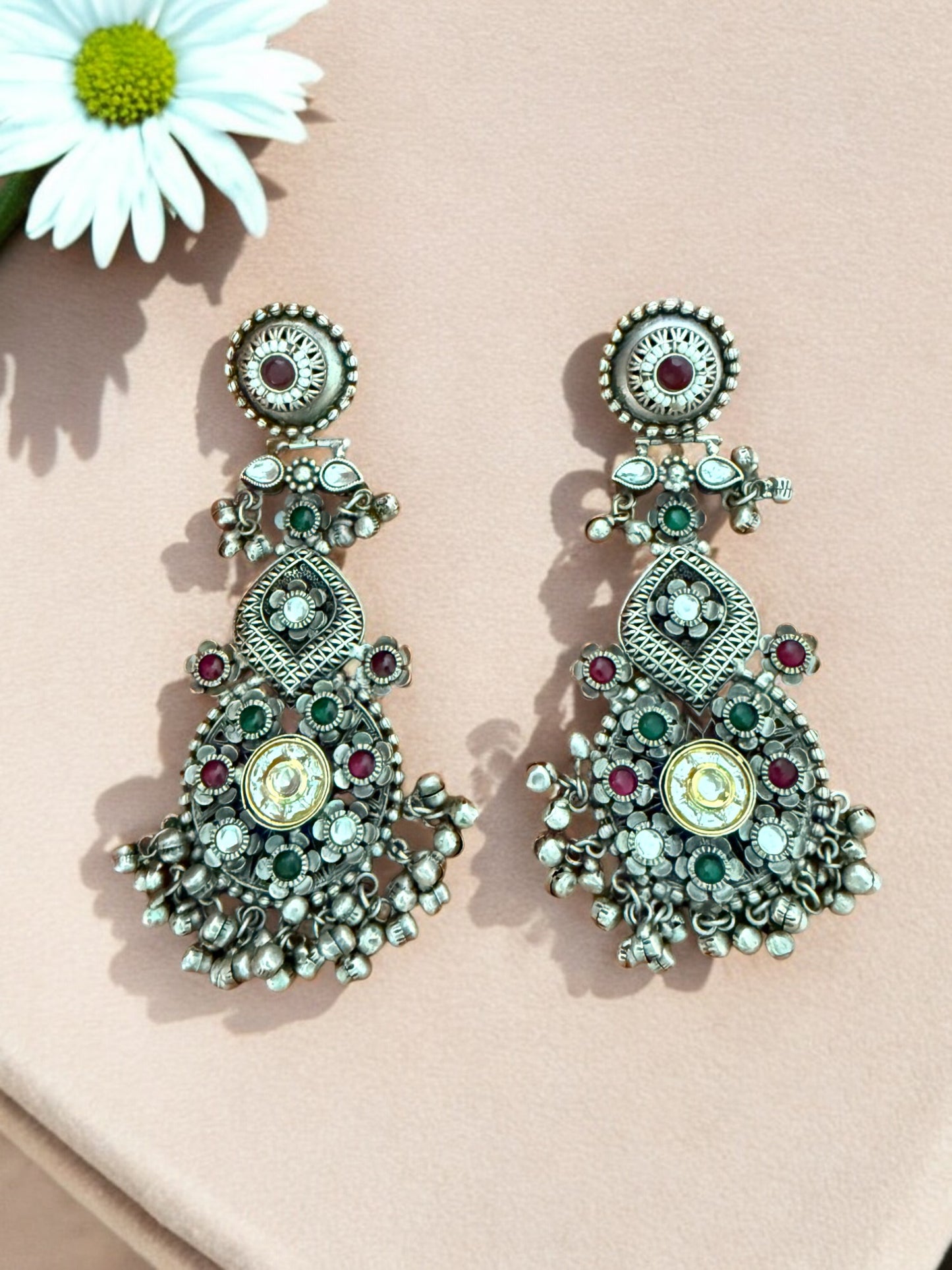 Oxidized Silver Afghani Dangler Earrings with Kundan work, Inticate florals and Ghungroo Accents