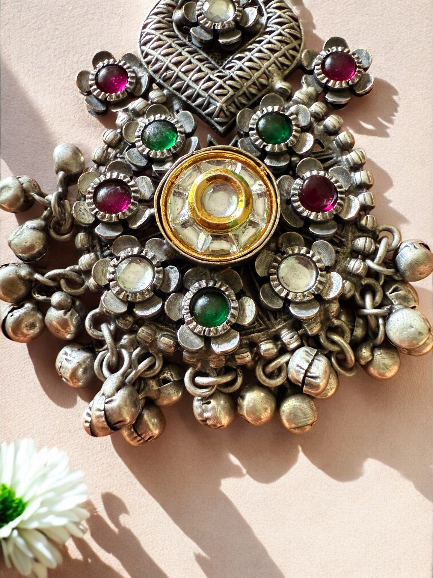 Oxidized Silver Afghani Dangler Earrings with Kundan work, Inticate florals and Ghungroo Accents