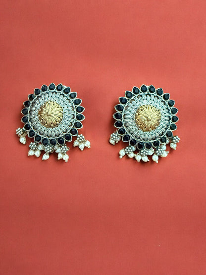 Oxidized Round Stud Earrings with Black Stones & Pearl Drops