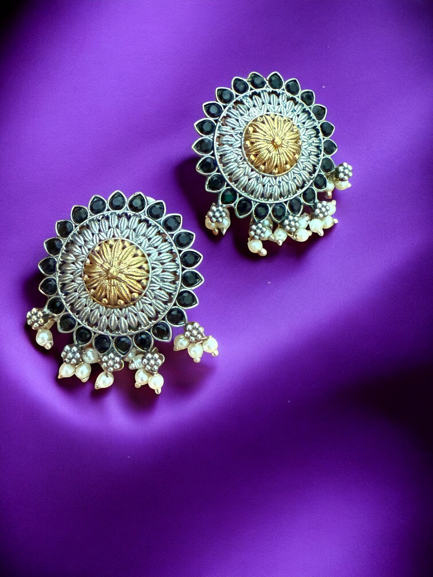 Oxidized Round Stud Earrings with Black Stones & Pearl Drops