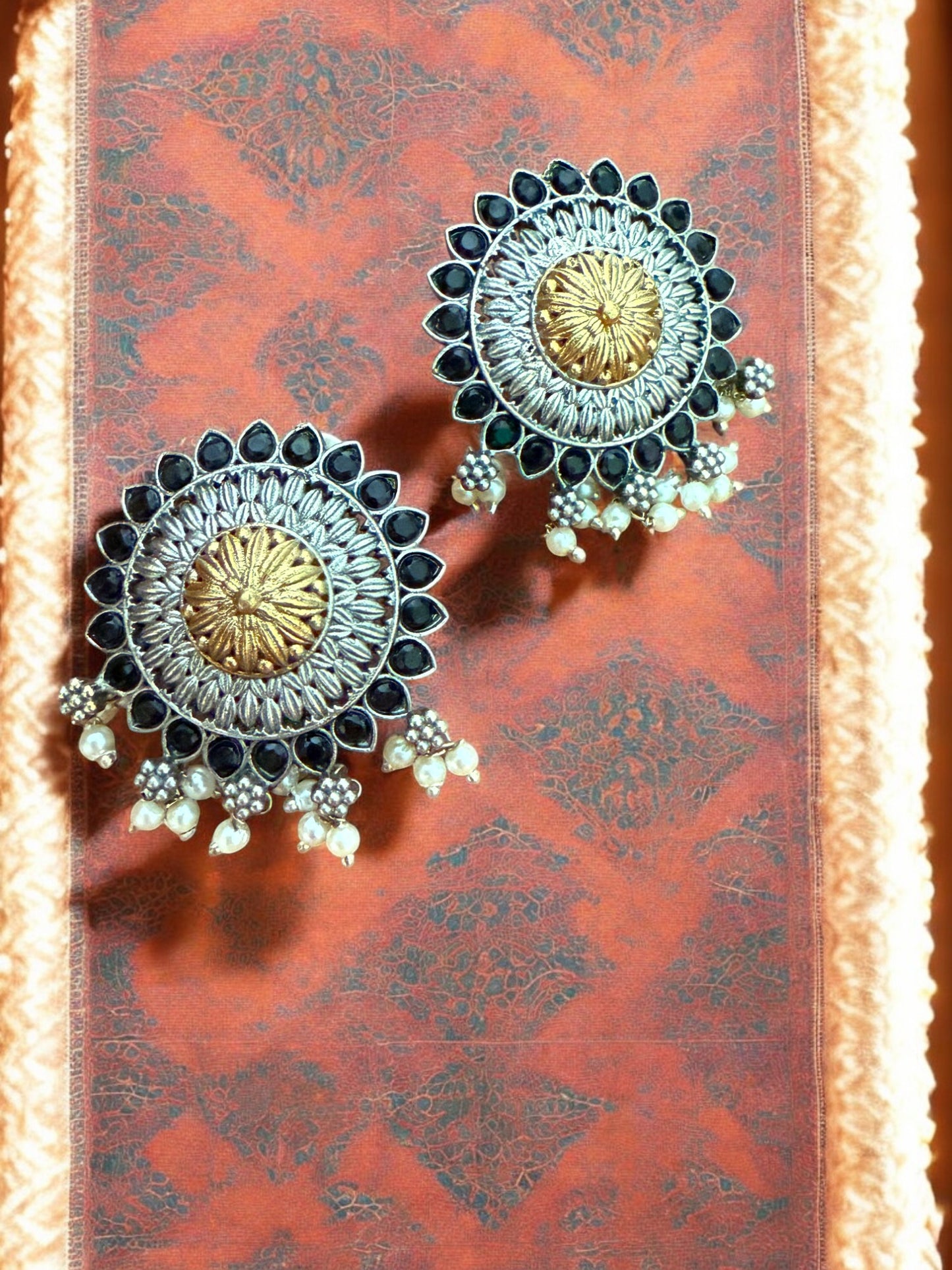 Oxidized Round Stud Earrings with Black Stones & Pearl Drops