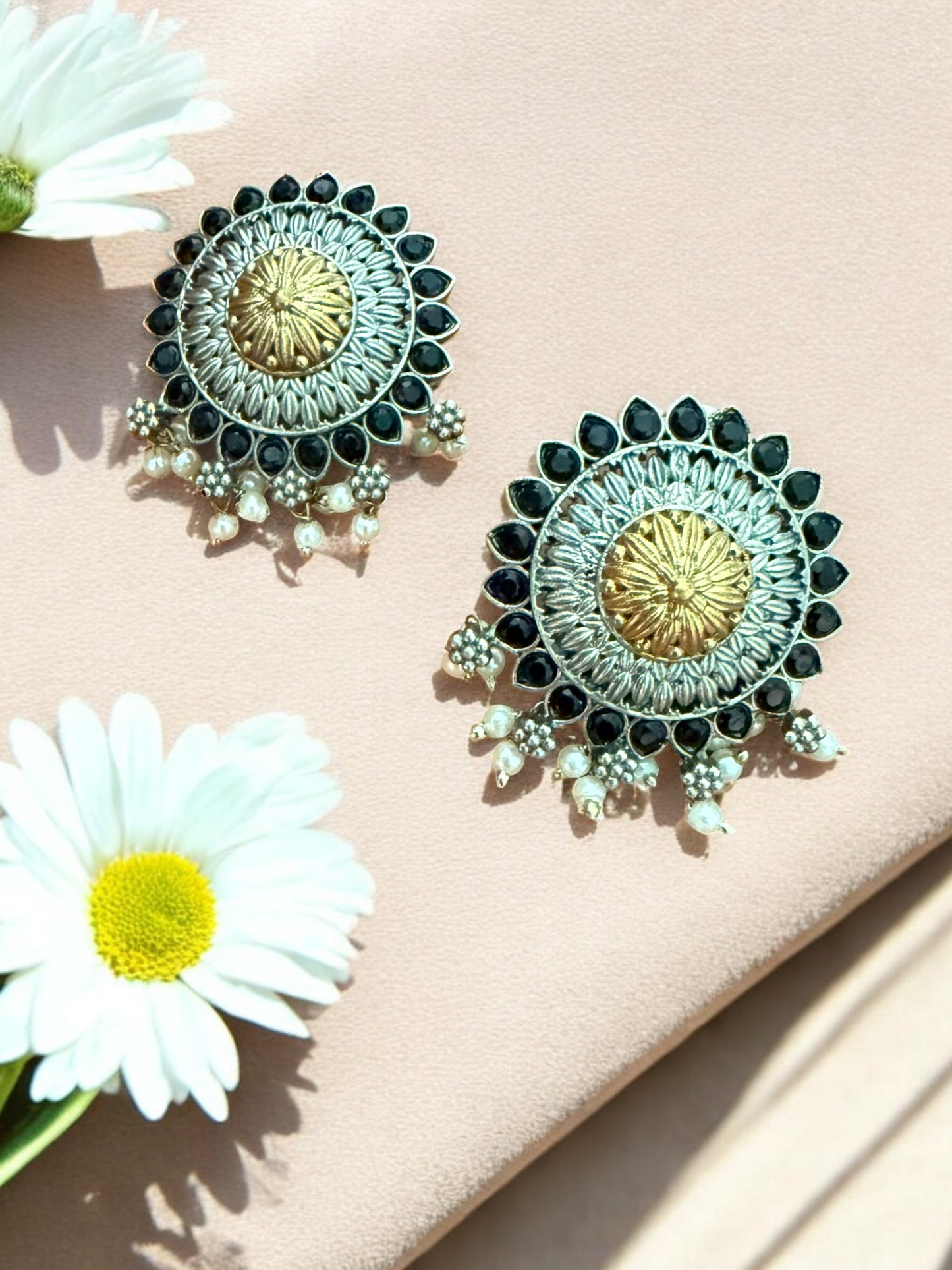 Oxidized Round Stud Earrings with Black Stones & Pearl Drops