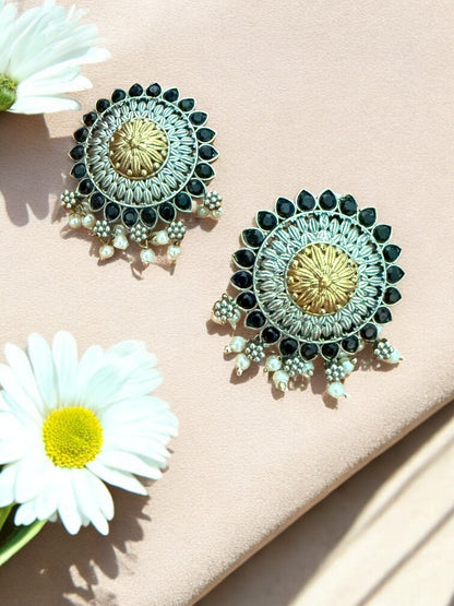 Oxidized Round Stud Earrings with Black Stones & Pearl Drops