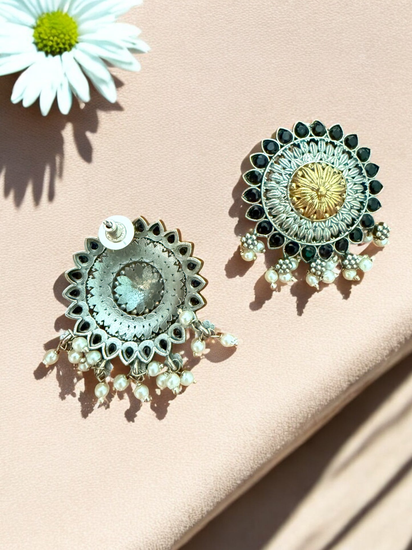 Oxidized Round Stud Earrings with Black Stones & Pearl Drops
