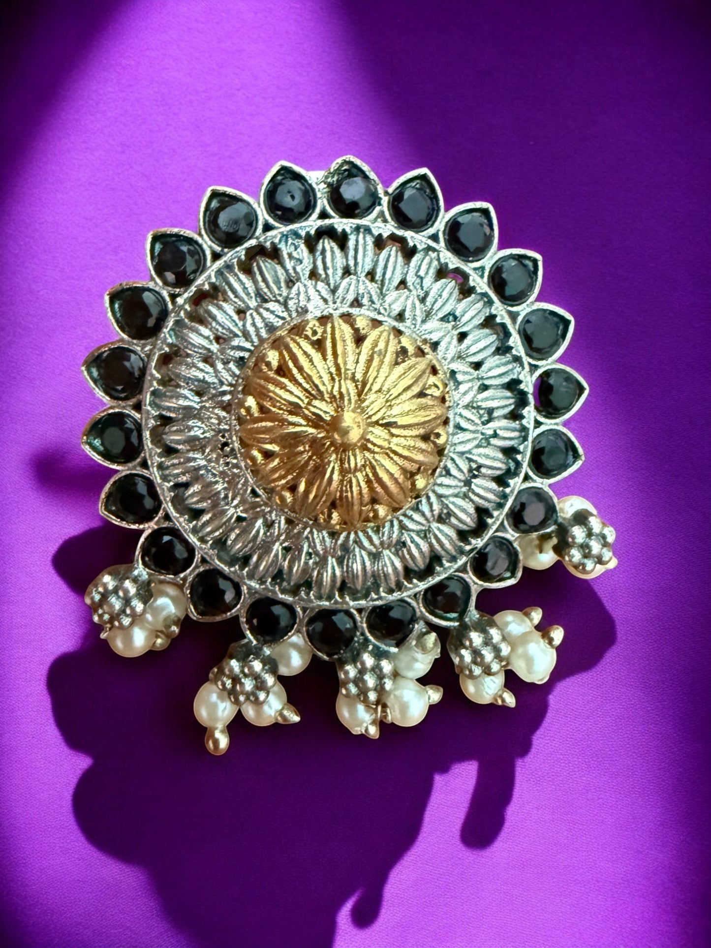 Oxidized Round Stud Earrings with Black Stones & Pearl Drops