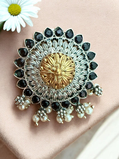 Oxidized Round Stud Earrings with Black Stones & Pearl Drops