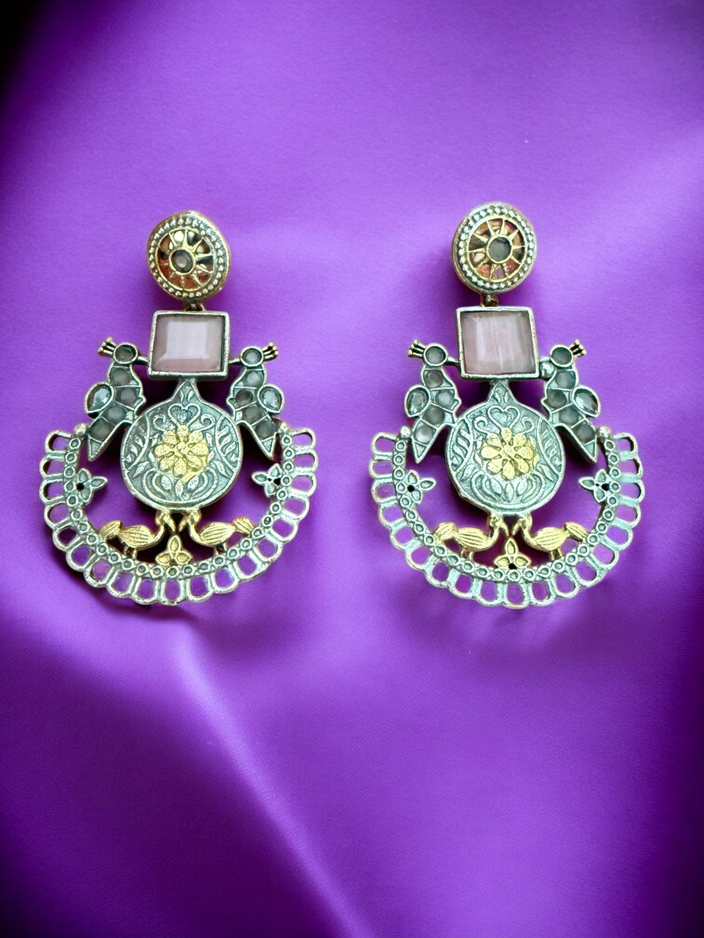Oxidized Silver & Gold-Plated Peacock Motif Dangler Earrings
