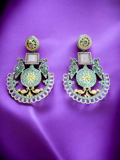 Oxidized Silver & Gold-Plated Peacock Motif Dangler Earrings