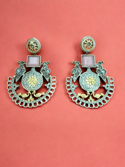 Oxidized Silver & Gold-Plated Peacock Motif Dangler Earrings