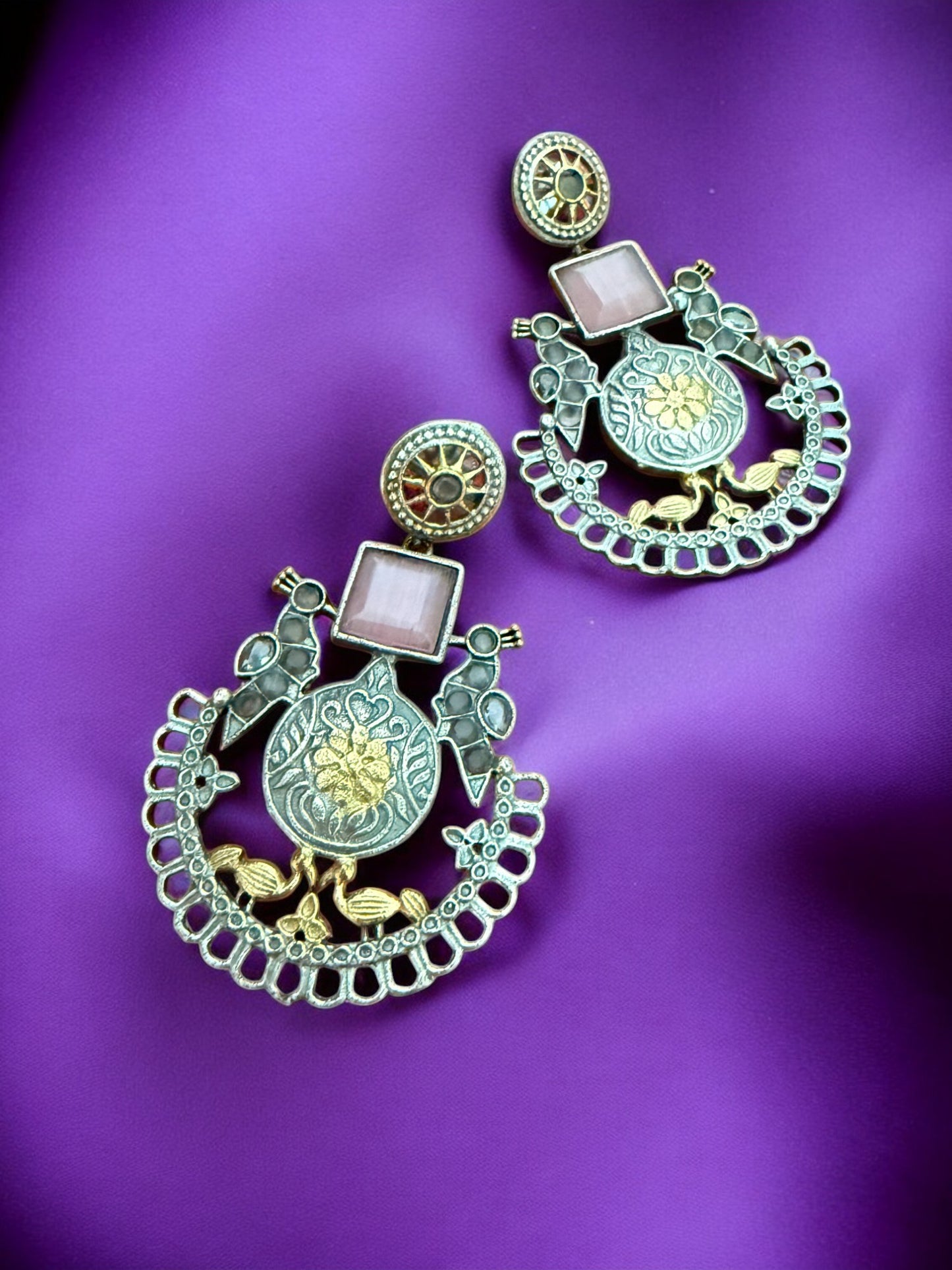 Oxidized Silver & Gold-Plated Peacock Motif Dangler Earrings