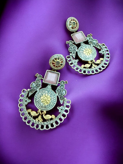 Oxidized Silver & Gold-Plated Peacock Motif Dangler Earrings