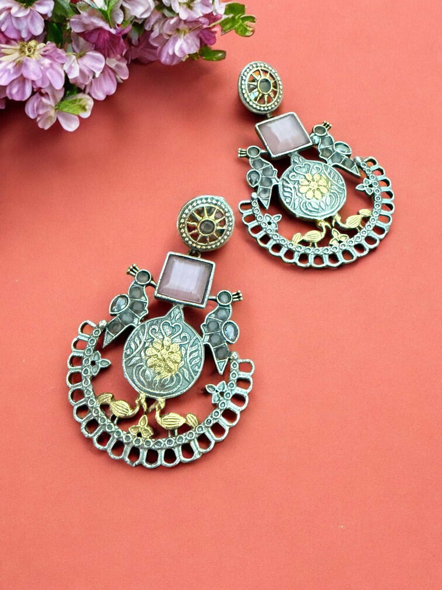 Oxidized Silver & Gold-Plated Peacock Motif Dangler Earrings