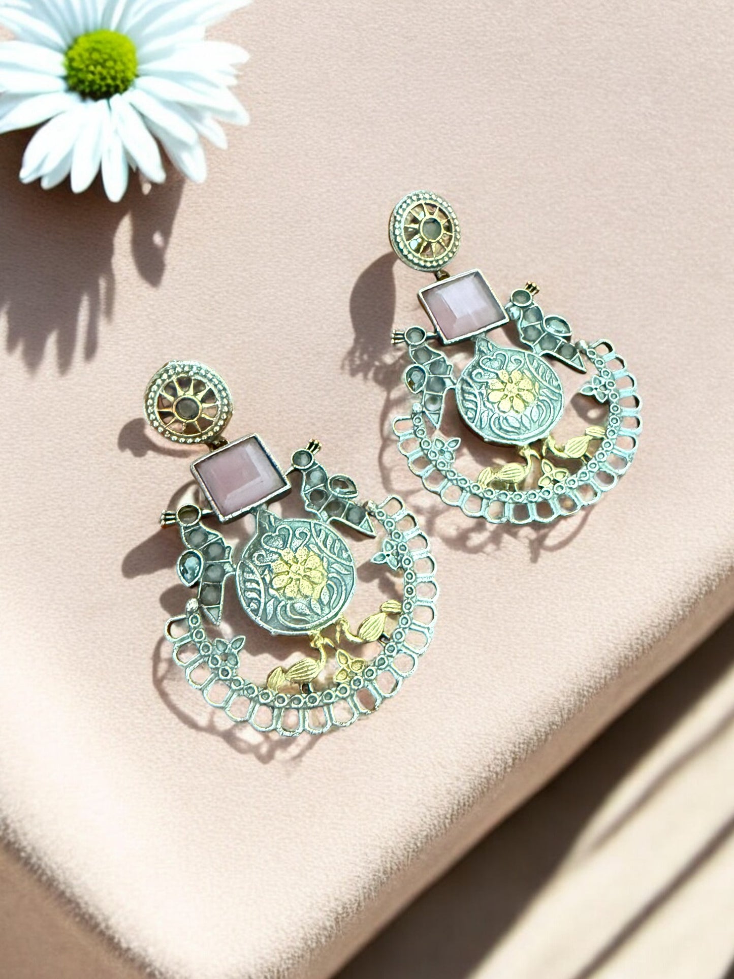 Oxidized Silver & Gold-Plated Peacock Motif Dangler Earrings