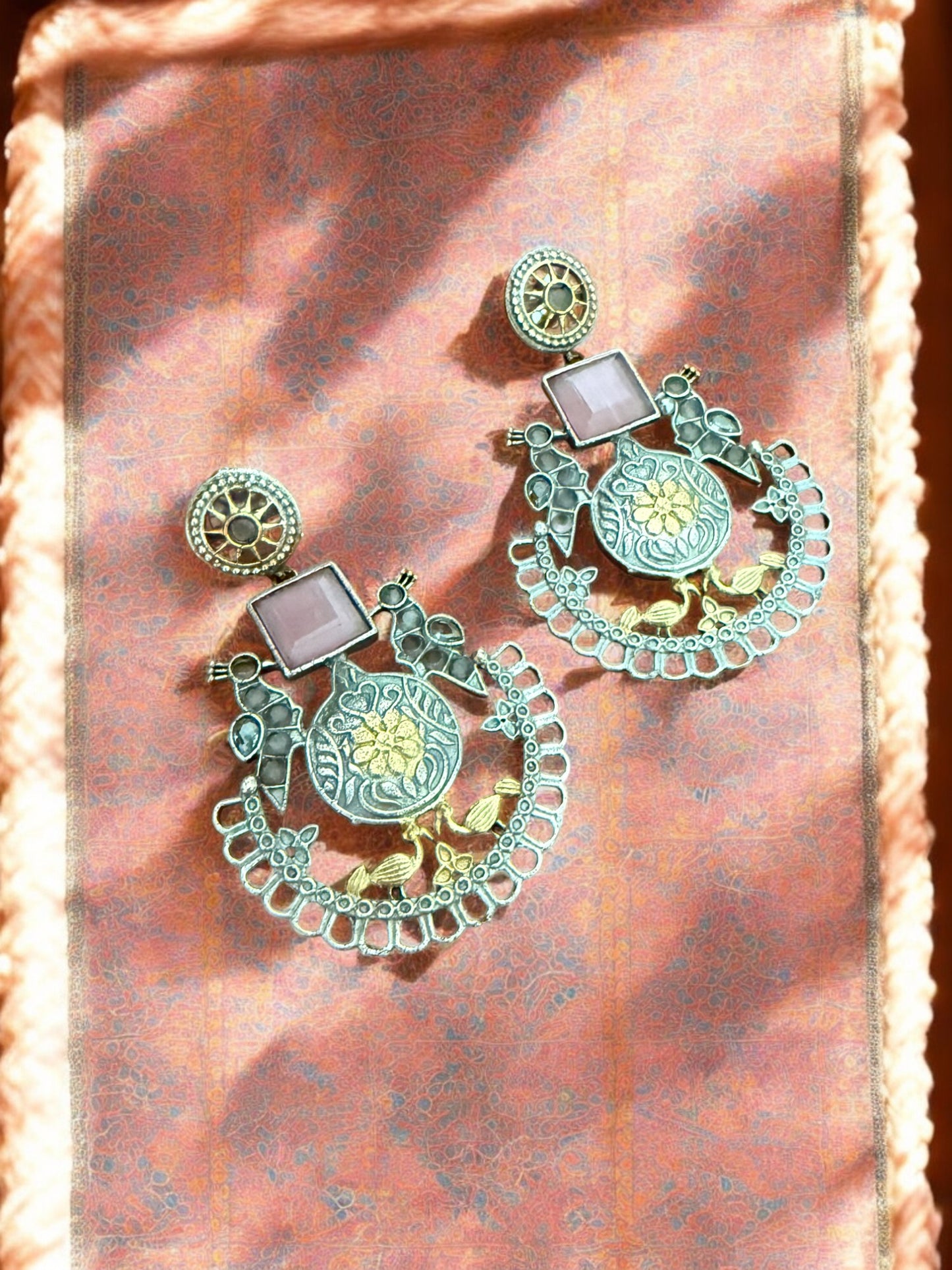 Oxidized Silver & Gold-Plated Peacock Motif Dangler Earrings