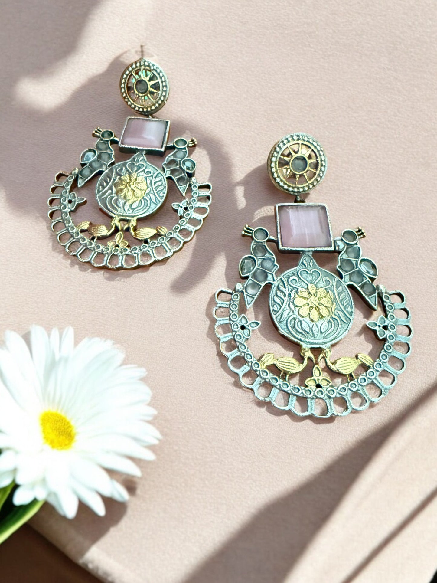 Oxidized Silver & Gold-Plated Peacock Motif Dangler Earrings