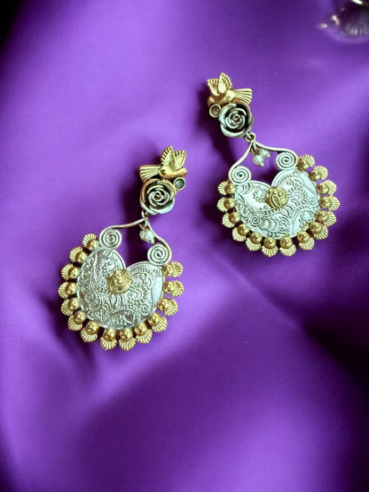 Oxidized Silver & Gold-Plated Bird Motif Dangler Earrings