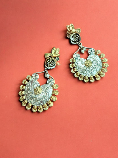 Oxidized Silver & Gold-Plated Bird Motif Dangler Earrings