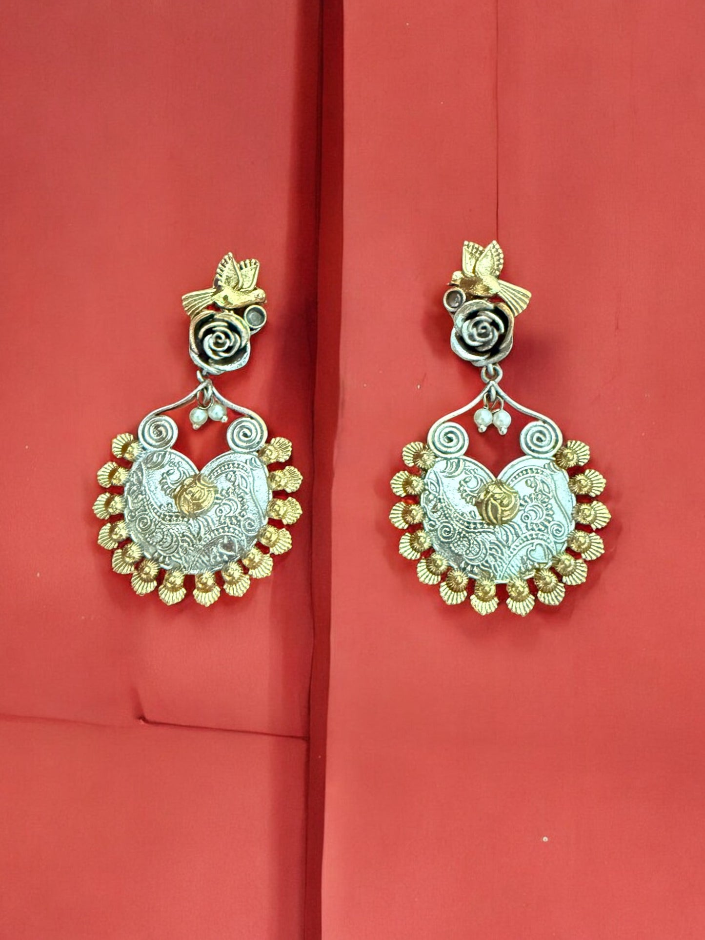 Oxidized Silver & Gold-Plated Bird Motif Dangler Earrings
