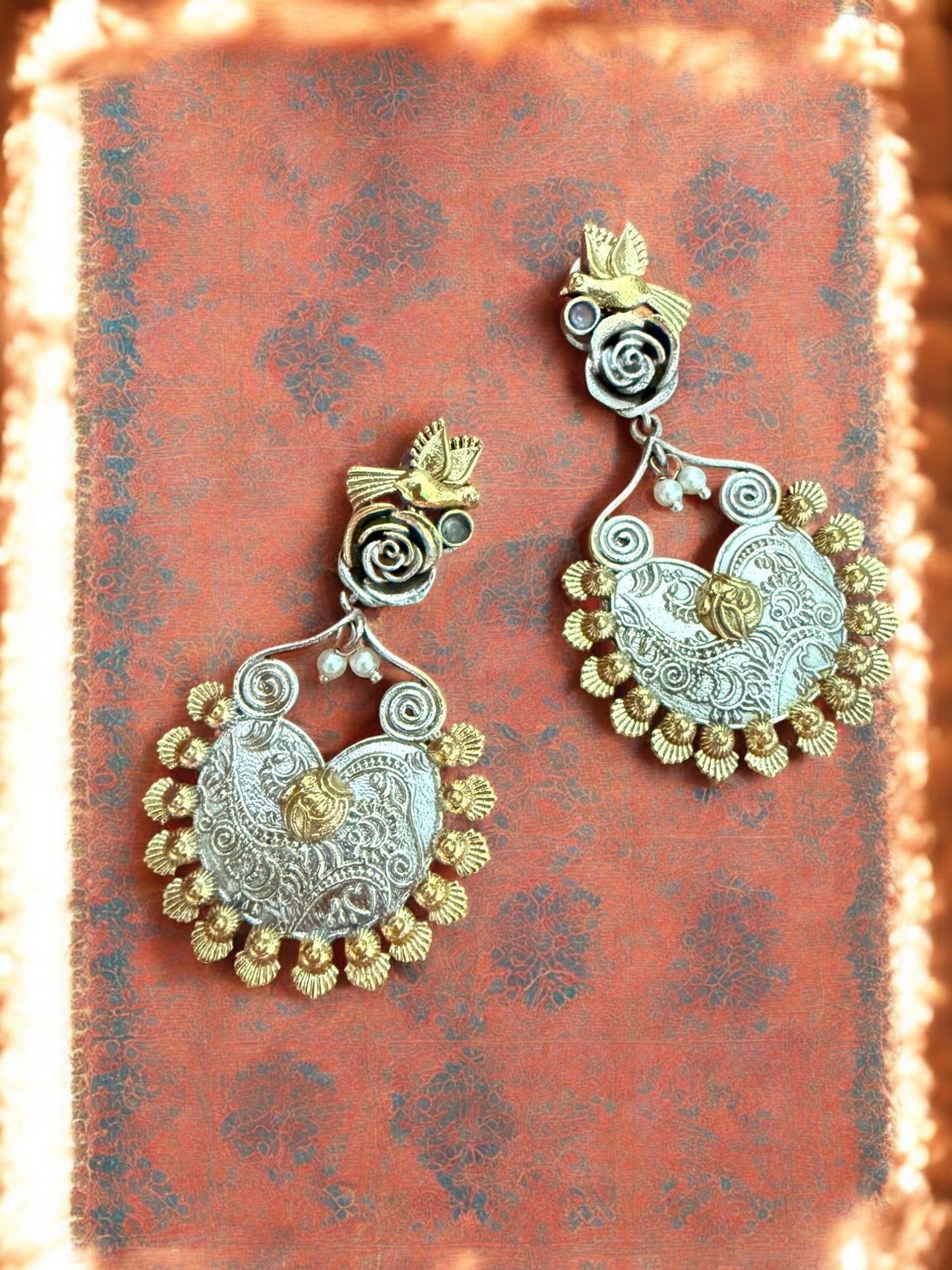 Oxidized Silver & Gold-Plated Bird Motif Dangler Earrings
