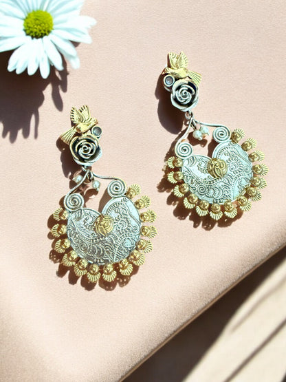 Oxidized Silver & Gold-Plated Bird Motif Dangler Earrings