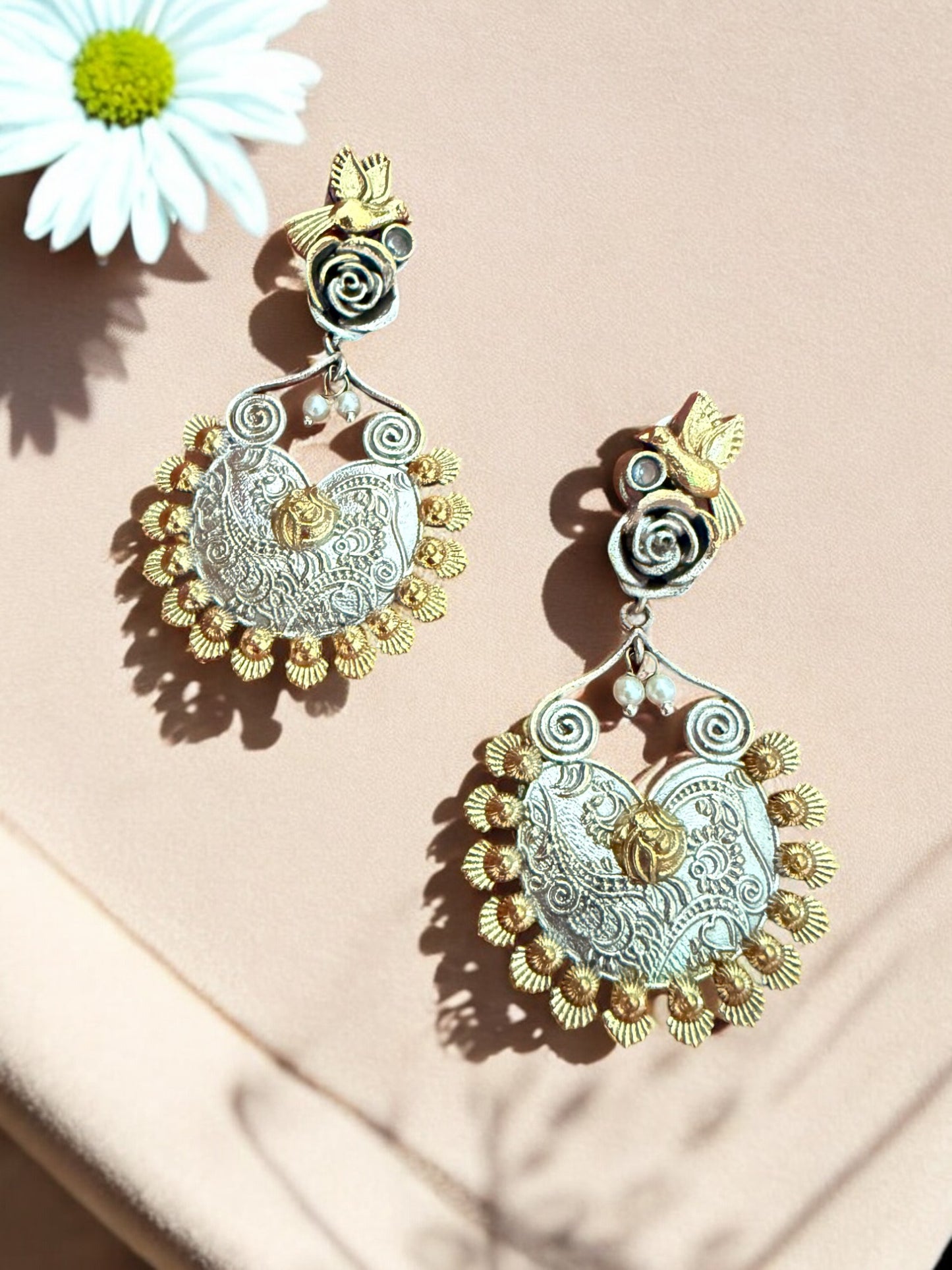 Oxidized Silver & Gold-Plated Bird Motif Dangler Earrings