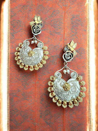 Oxidized Silver & Gold-Plated Bird Motif Dangler Earrings