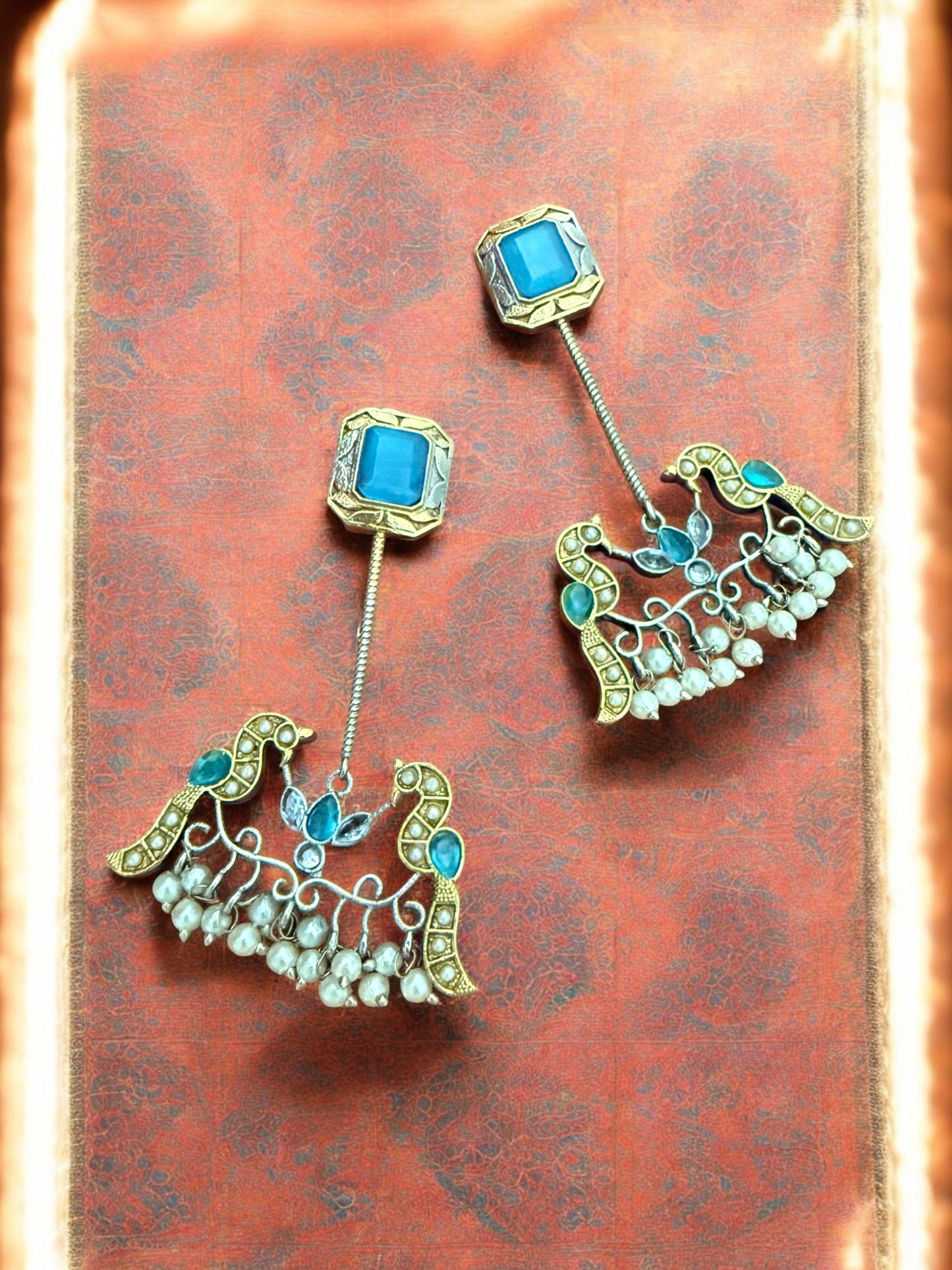 Antique Gold  Silver Toned Earrings With Blue Stone Studs, Bird Motif And Pearl Bead Drops