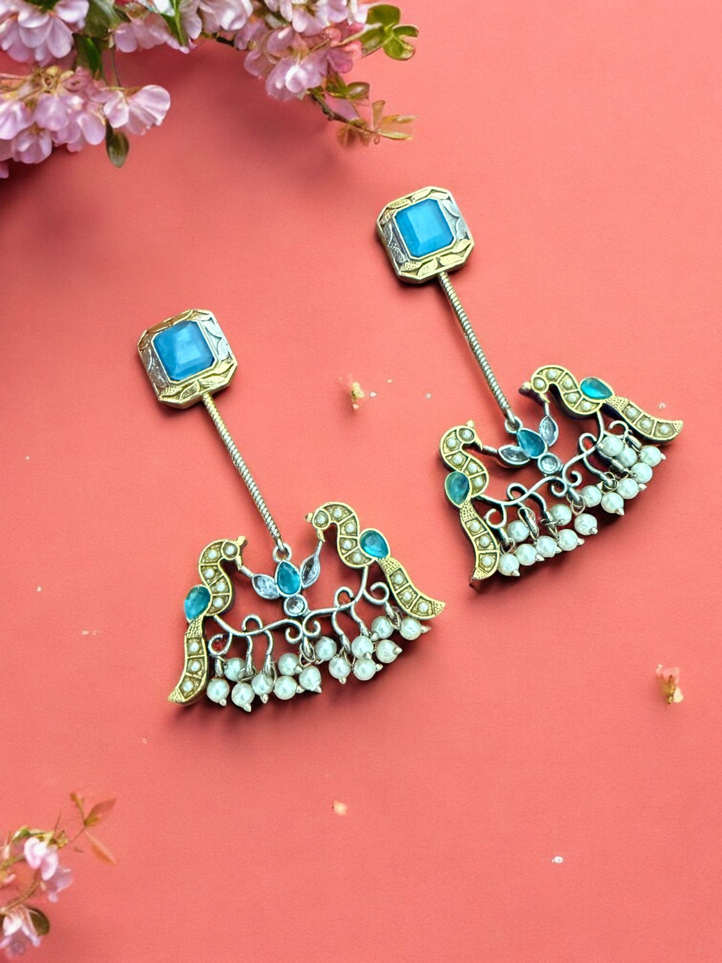 Antique Gold  Silver Toned Earrings With Blue Stone Studs, Bird Motif And Pearl Bead Drops