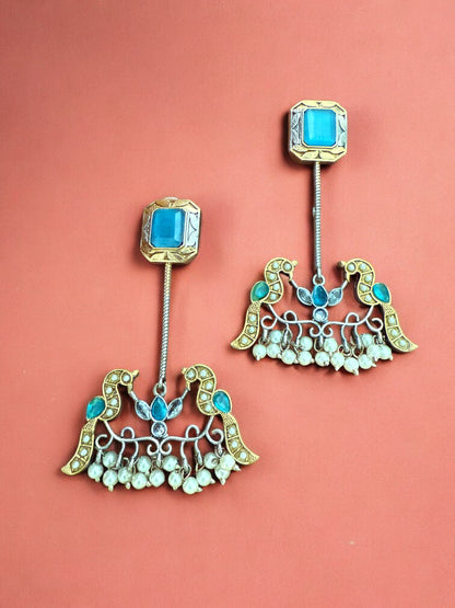Antique Gold  Silver Toned Earrings With Blue Stone Studs, Bird Motif And Pearl Bead Drops
