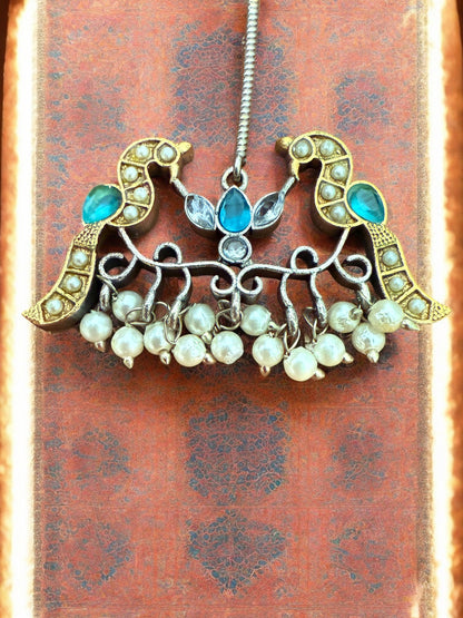 Antique Gold  Silver Toned Earrings With Blue Stone Studs, Bird Motif And Pearl Bead Drops