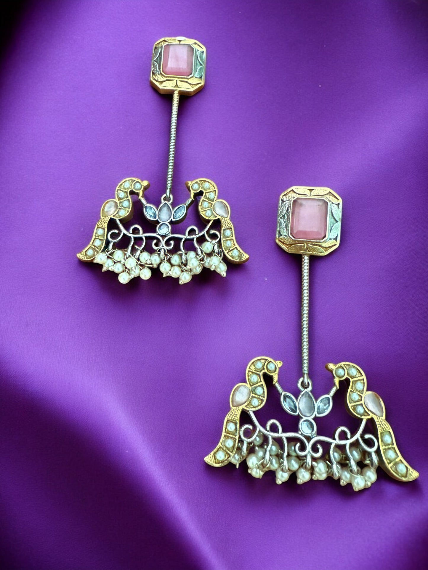 Antique Gold Silver Toned Earrings With Pink Stone Studs, Bird Motif And Pearl Bead Drops