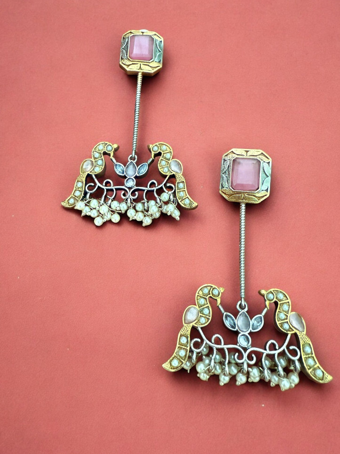 Antique Gold Silver Toned Earrings With Pink Stone Studs, Bird Motif And Pearl Bead Drops