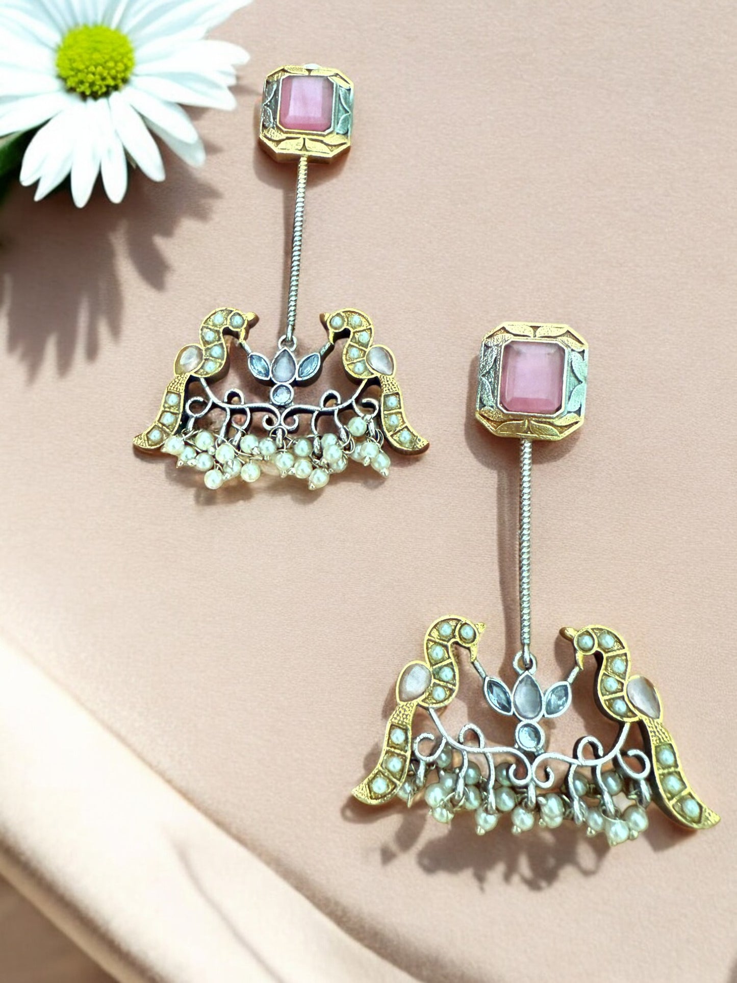 Antique Gold Silver Toned Earrings With Pink Stone Studs, Bird Motif And Pearl Bead Drops