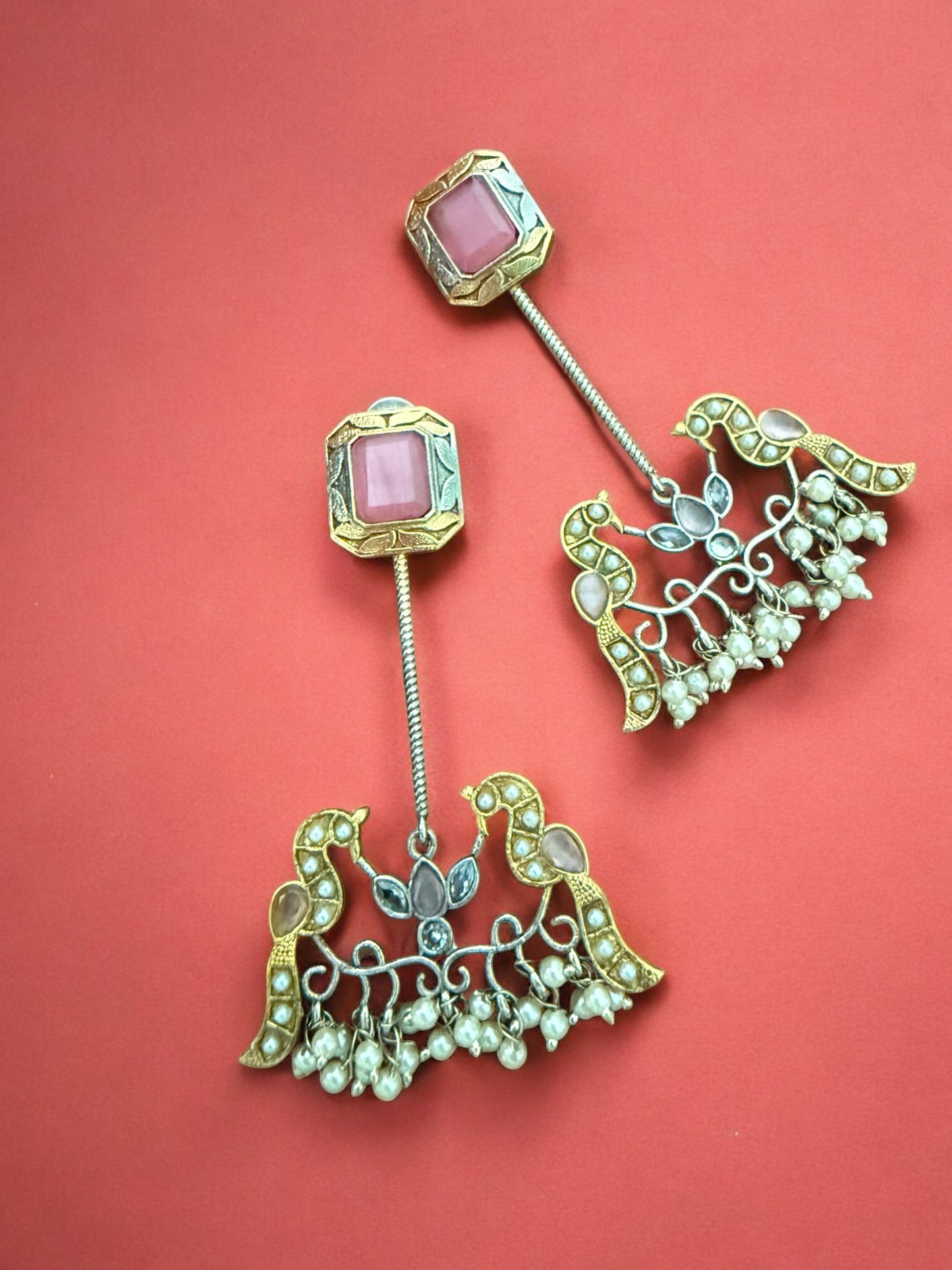 Antique Gold Silver Toned Earrings With Pink Stone Studs, Bird Motif And Pearl Bead Drops