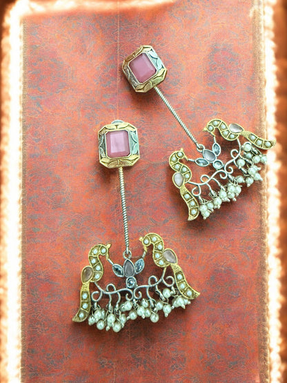 Antique Gold Silver Toned Earrings With Pink Stone Studs, Bird Motif And Pearl Bead Drops